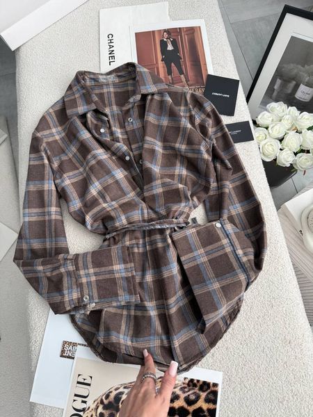 Сорочка в клітинку шоколад з блакитним oversize 1299-CR-ШО фото