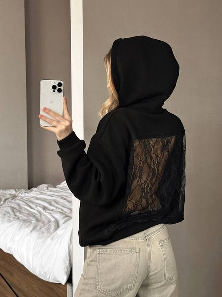 , Black, XS-L, Трьохнитка пеньє на флісі+мереживо