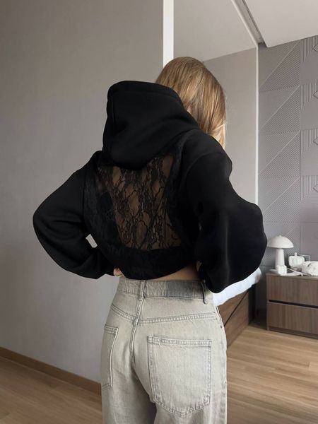 , Black, XS-L, Трьохнитка пеньє на флісі+мереживо