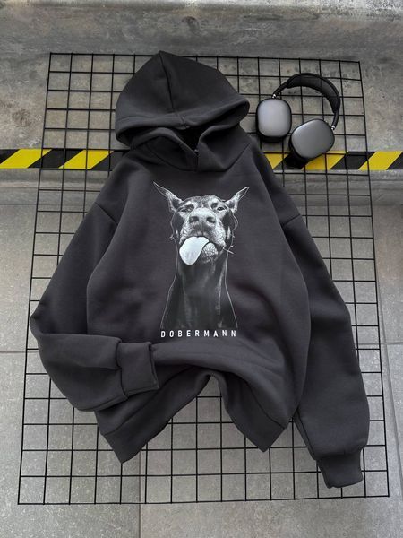 Худі з доберманом графіт oversize 0686-TR-GR фото